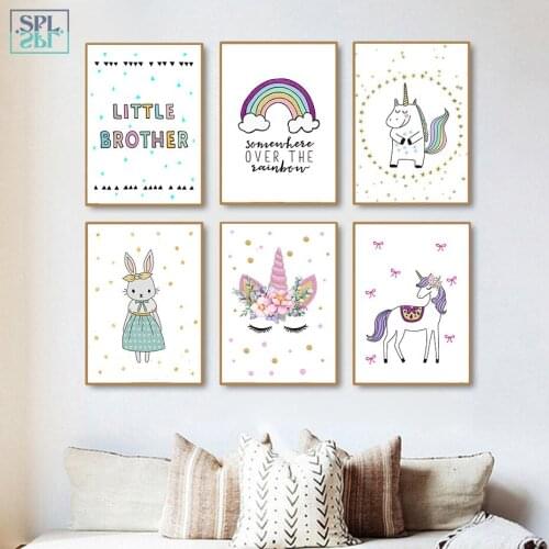 SPLSPL Nordic Decoration Home Cartoon Unicorn Rabbit Animals Wall Art Canvas Oil Painting Baby Room Decor Posters and Prints