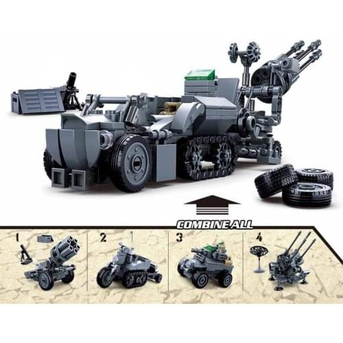 Military series World War II 4-in-1 Anti-aircraft wheeled armored vehicle tank soldier DIY Model Building Blocks Toys Gifts