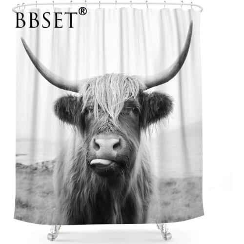 Bull Shower Curtain Highland Cow Animal Wildlife Pattern Waterproof Fabric Bathroom Decor Animals Printed Shower Curtain
