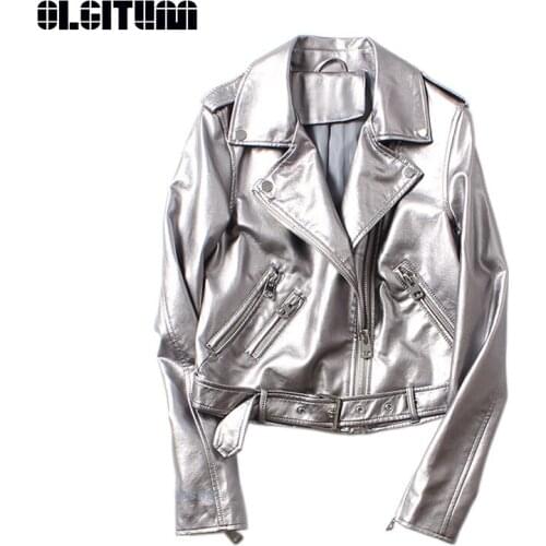 New 2020 Silver PU Leather Jacket Fashion Spring Autumn Short Turn-down Collar Soft Solid Jacket Women With Belt High Quality