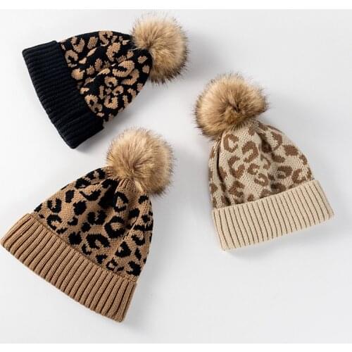 Women Leopard Knitted Beanie Hats Men Skullies Caps Faux Fur Pompom Hairball Crochet Bonnet Hats Winter Warm Thicken Caps