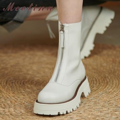 Meotina Women Genuine Leather Ankle Boots Platform Thick Heel Round Toe Shoes Med Heel Zipper Ladies Short Boots Autumn Winter