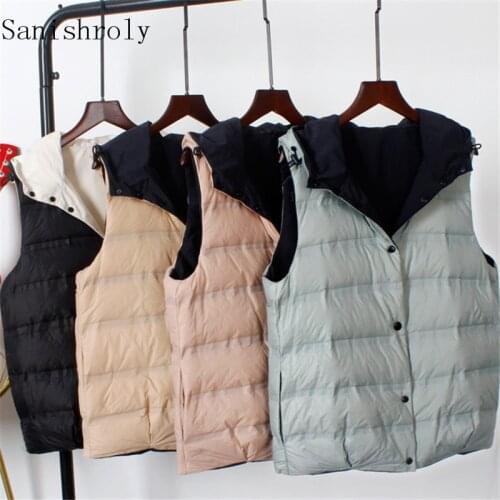 Sanishroly Two Wears Winter Women Sleeveless Hooded Waistcoat Ultra Light White Duck Down Vest Parka Female Short Coat Tops 1058