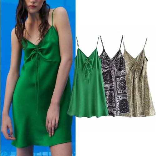 WESAY JESI 2021 Summer Za Dress Vintage Print Slip Short Woman Dresses Summer Ruched Adjustable Straps Backless Mini Sexy Dress