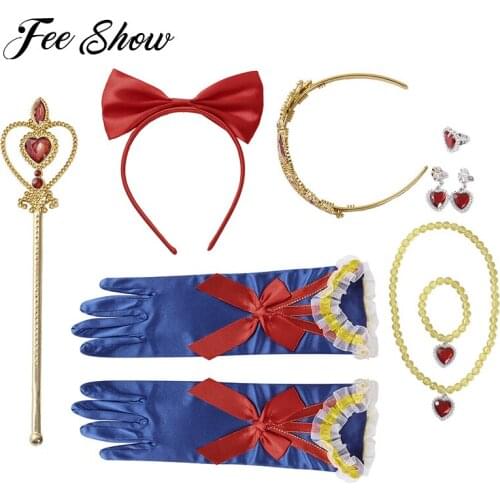 8Pcs Princess Cosplay Imitation Diamond Crown Magic Wand Gloves Hair Hoop Necklace Ring Earrings Bracelet Clothing Accessories
