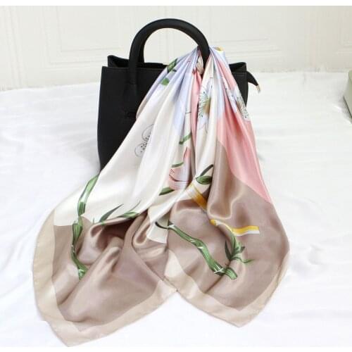 90*90cm Fashion Floral Print Kerchief Women Neck Scarf Silk Satin Headband Bandana Head Scarfs Female Square Shawls and Wraps