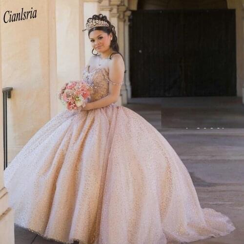 Sparkly Crystal Tulle Beading Ball Gown Quinceanera Dresses Sleeveless Spaghetti Strap Shiny Sweet 16 Dress Prom Party Dress