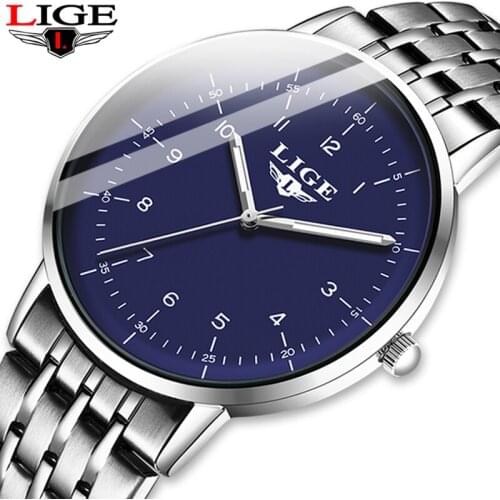 LIGE Fashion Mens Watches Top Brand Luxury Quartz Watch Men Stainless Steel Waterproof Ultra-thin Wristwatch For Men Sport Clock