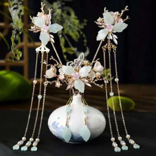 Hanfu Long Tassel Hair Stick Flower Crystal Pearl Hair Pins Classical Style Handmade Jewelry