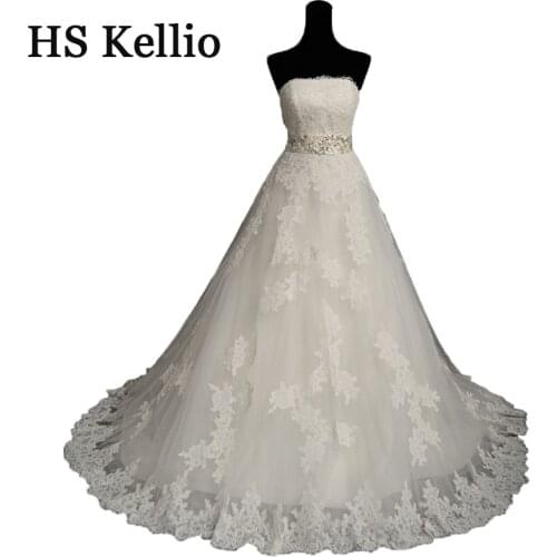 HS Kellio Strapless Wedding Dresses Lace Chapel Train Bridal Gowns With Belt