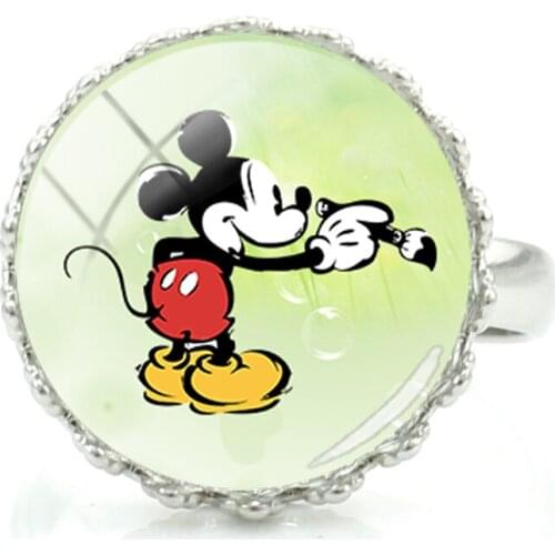 Disney Glass Cabochon Ring Mickey Minnie Multi-role Acting Art Picture Ring Ms. Mickey Mouse Mens Souvenir Gift