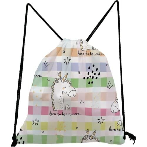 Colorful Grid Backpack Unicorn Print Drawstring Bags Cute Toy Bag Unisex Softback Bag Preppy BookBag Portable Shoe Bag for Schoo