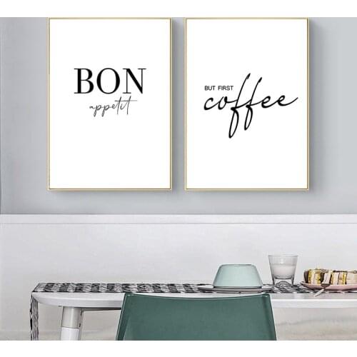 Kitchen Art Decor Coffee Posters Bon Appetit Print Black White Wall Art Canvas Painting Picture For Dining Hall wall decor