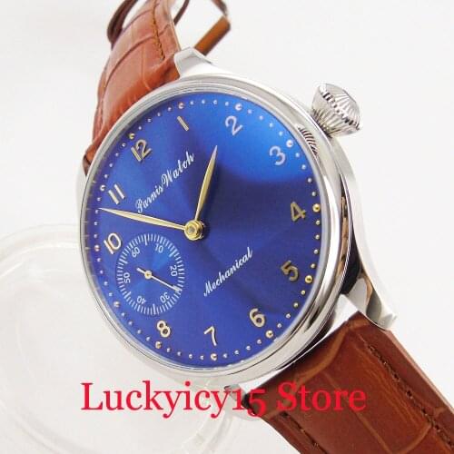 PARNIS Hand Winding Mens Watch Blue Dial 44mm Wristwatch Blue Dial 6497 Movement