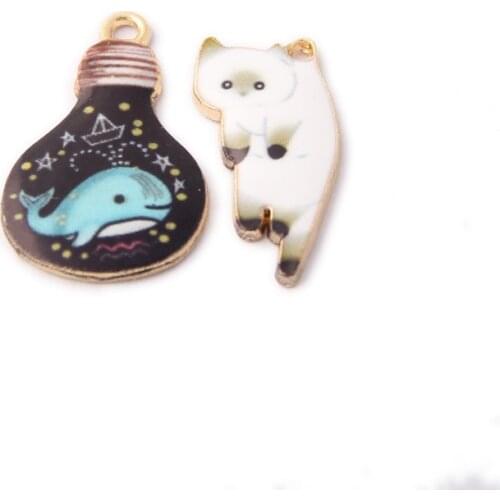 Wholesale 60pcs/Lot Gold Tone Plated Enamel Alloy Charms Kawaii Animal Cat Whale Oil Drop Metal Earring Necklace Pendants Craft