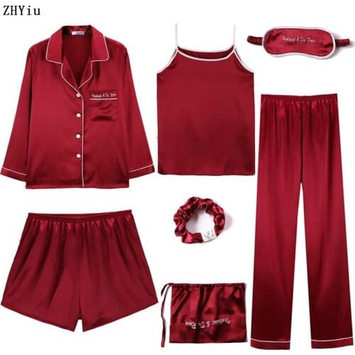 7 Pieces Faux Silk Red Pajamas Sets Autumn Spring Winter Women Sleepwear Long Sleeve Pajamas For Female Ladies Pyjamas Pijama