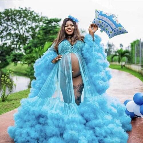 Chic Blue Lush Tulle Maternity Robes Women See Thru Long Ruffle Tiered Tulle Women Dresses Formal Event Overlay Dress Night Gown