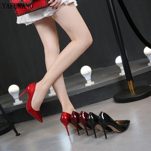 Sexy Thin Heel Pointed Toe High Heels Black Patent Leather Women Shoes Brand Design High-Quality Pumps Red Wedding Party Shoe 33
