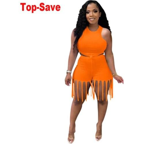 Street Wear Elegant Solid Two Piece Sets Women Tracksuit Crop Tops+Bike Shorts Sporty Matching Suits Casual Female Tassel Outfit