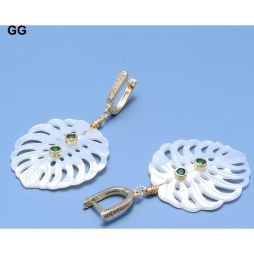 GuaiGuai Jewelry Natural White Shell Mother Of Pearl Carven Leafage Heart Shape Green Crystal Pave Cz Hook Earrings For Women