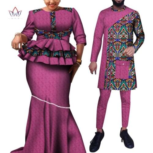 Jacquard Fabric Made Clothes for Couple Dashiki Print Outfit Men Shirt Pant Set Women Dress for Dinner Evening Wedding WYQ663