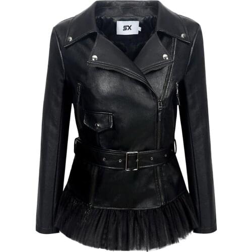 SX 2019 NEW Soft PU Faux leather Jacket Women Sashes Slim Lapel Lace zipping Beading Motocycle Coats