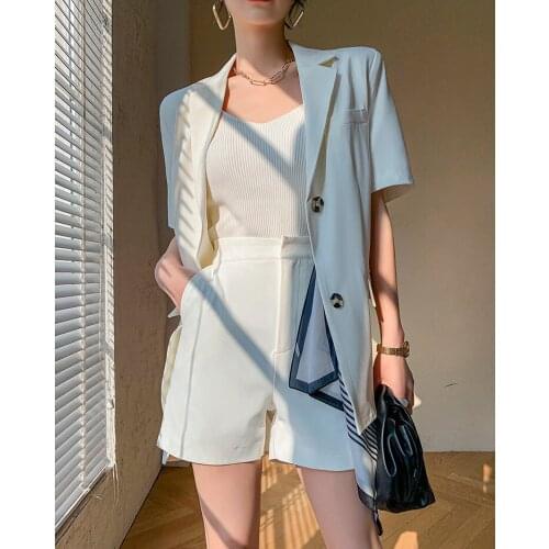 Women Summer Casual Suits 2021 Korean Style White Short Pant Suit And Notched Blazer Sets OL Female Outfits
