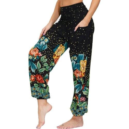 Womens Waist Boho Harem Pants,Hippie Bohemia Yoga Pants Loose Beach Trousers With 2Pockets