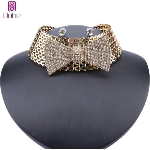 Women Bow Rhinestone Crystal Statement Pendants Jewelry Set Necklace Earring Women Party Wedding Accessories