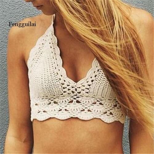 Women Halter Neck Crop Top Knit Crochet Cami Summer Bikini Beach Crop Tops