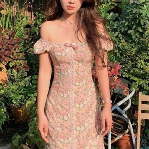 New French Summer Floral Print Mini Dress Women Sexy Puff Sleeve Square Neck Short Dresses Off Shoulder A Line Dress