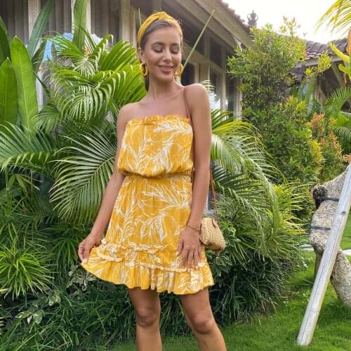 Floral Chiffon Womens Dress Sleeveless Halter Sling Neck Temperament Dress 2021 Summer Vacation Sexy Halter Mini Dress Vestido