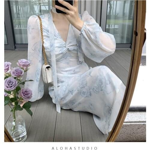 Elegant Ruched Floral Print Women Autumn Dress Sexy V-neck Full Sleeve Female Long Dresses 2021 Spring Chiffon Vestidos