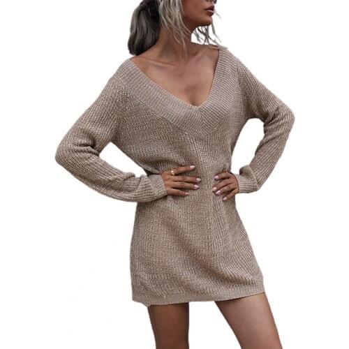Office Lady Mini Knitted Dress Sexy V Neck 2021 Autumn Winter Knitwear Long Sleeve Solid Color Knitted Sweater Dress Wedding
