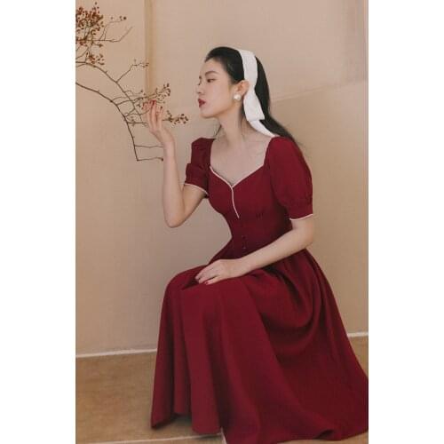 Summer Burgundy Women Dress Korean Fashion Vintage Square Collar Puff Sleeve Princess Dresses Date Party Night Vestido Fiesta