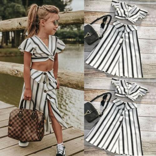 Brand Summer Kids Girls Clothes Fashion Casual black and white Striped Crop Tops+Skirt 2PCS Set Outfit Party For Children 3-8Y