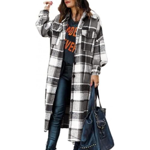 Dropshipping Women Autumn Turn Down Collar Long Sleeve Plaid Maxi Shirt Coat Jacket Overcoat
