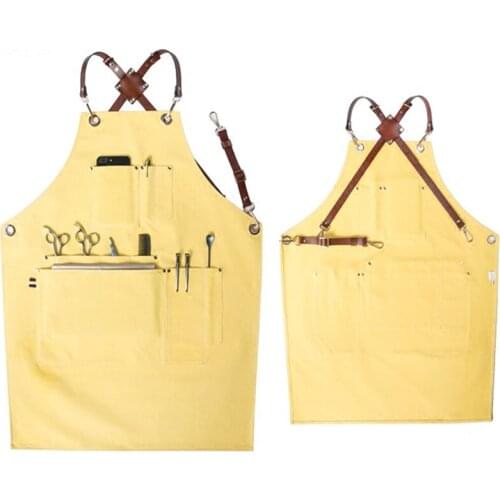4 Colors Canvas Apron Leather Strap Hairdresser Barber Florist Work Wear Barista Bartender Baker Catering Waitstaff Uniform K35