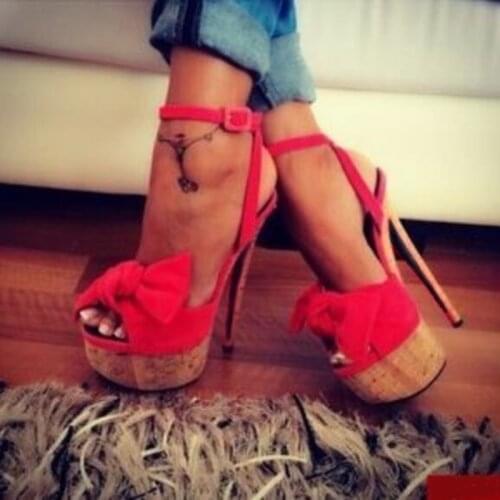 Hot Selling Bowtie High Platform Sandals Shoes Women Ankle Strap Wooden Heels Wedding Dress Shoes Bride Cut-out Summer Pumps