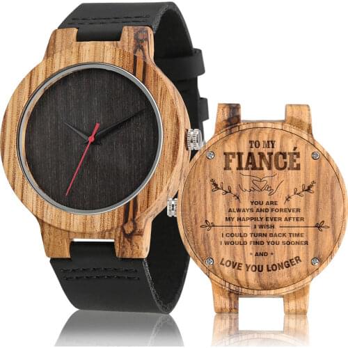 To My Fiance Love You Longer Mens Wooden Quartz Wristwatch Harajuku Dial Black Leather Strap Practical Buckle Gift For Husband