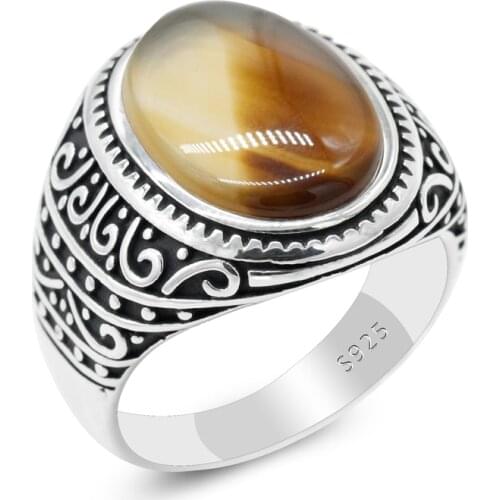 Natural Onyx Mens Ring 925 Sterling Silver Oval Honey Color Gemstone Male Rings Exquisite Carving Turkish Fine Jewelry Gift