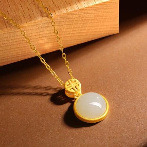 Natural Hetian Jade round Blessing Lucky Pendant Jade Pendant Necklace S925 Sterling Silver Simple Ornament