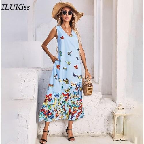 2021 Fashion Summer Sleeveless Long Dress Women Butterfly Print Loose Plus Size Maxi Dresses Casual Blue Pink Womens Clothing