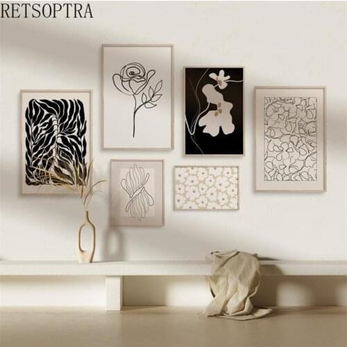 Simple Nordic Black White Abstract Lines Plant Leaves and Flowers Art Painting for Living Room Wall Art Canvas Print Poster