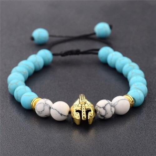 Drop Shipping Roman Knight Spartan Warrior Helmet Charm Bracelet Men White Howlite Stone Elastic Bead Yoga Bracelet Jewelry