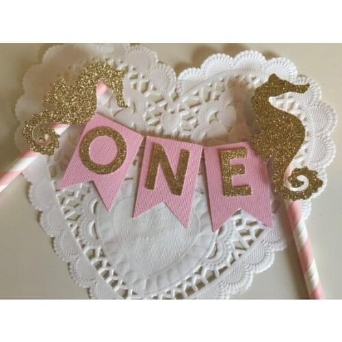 Under the Sea pink glitter seahorse Cake Toppers tools custom age Baby shower Babyshower Newborn Girl party decorations
