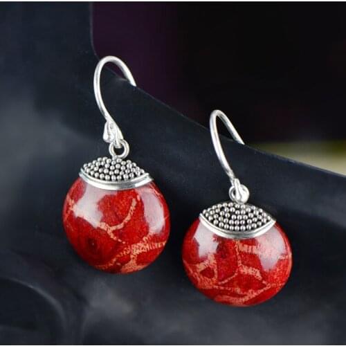 S925 silver jewelry exquisite exquisite grass coral womens Earrings folk style antique hand inlaid silver earrings