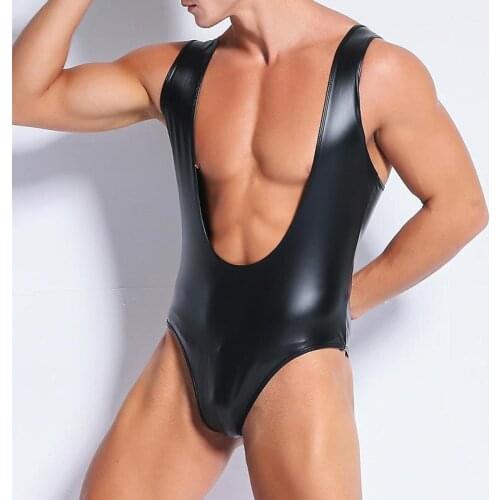 Sexy Men Undershirts Jockstrap PU Leather Jumpsuits Leotard Latex Catsuit Lingerie One-piece Gay Clubwear Singlet Underwear 2XL