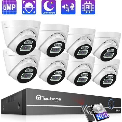 Techage H.265 5MP POE Security Camera System Face Detection Two-way Audio CCTV Video Surveillance Camera Set Colorful Night View