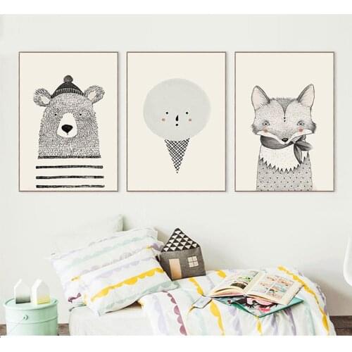 Nordic Cartoon Fox Bear Animal Decoration Painting for Home Decor Children Bedroom Kindergarten Wall Decoration Canvas Painting